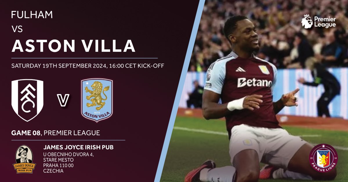 Back to <a href="/premierleague/">Premier League</a> action for Game 08 with <a href="/FulhamFC/">Fulham Football Club</a> vs <a href="/AVFCOfficial/">Aston Villa</a> down at Craven Cottage. Come join the Prague Lions to watch the game at our usual home - James Joyce Prague Irish Pub from 15:30 CET on Saturday 19th. #AVFC #UTV