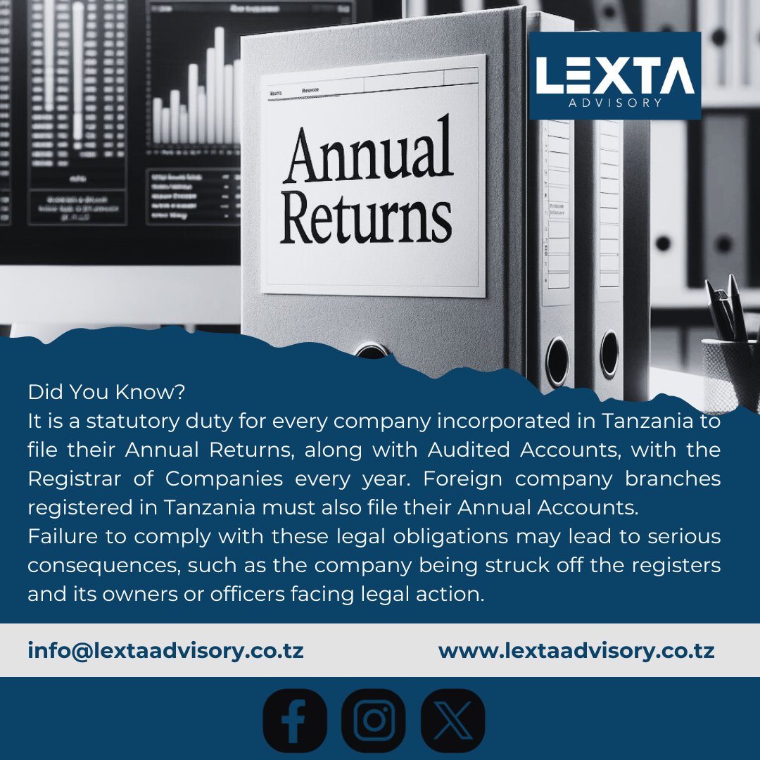 LextaAdvisory's tweet photo. BRELA annual Returns for companies in Tanzania.

#Lextaadvisory

#lawfirm

#advisoryservices

#WeareLexta

#Tanzania

Should you have any questions, do not hesitate to reach out to us through info@lextaadvisory.co.tz, or visit us at https://t.co/0kJ6LOxZ6Y for more insights. https://t.co/uAsbfxe0LX