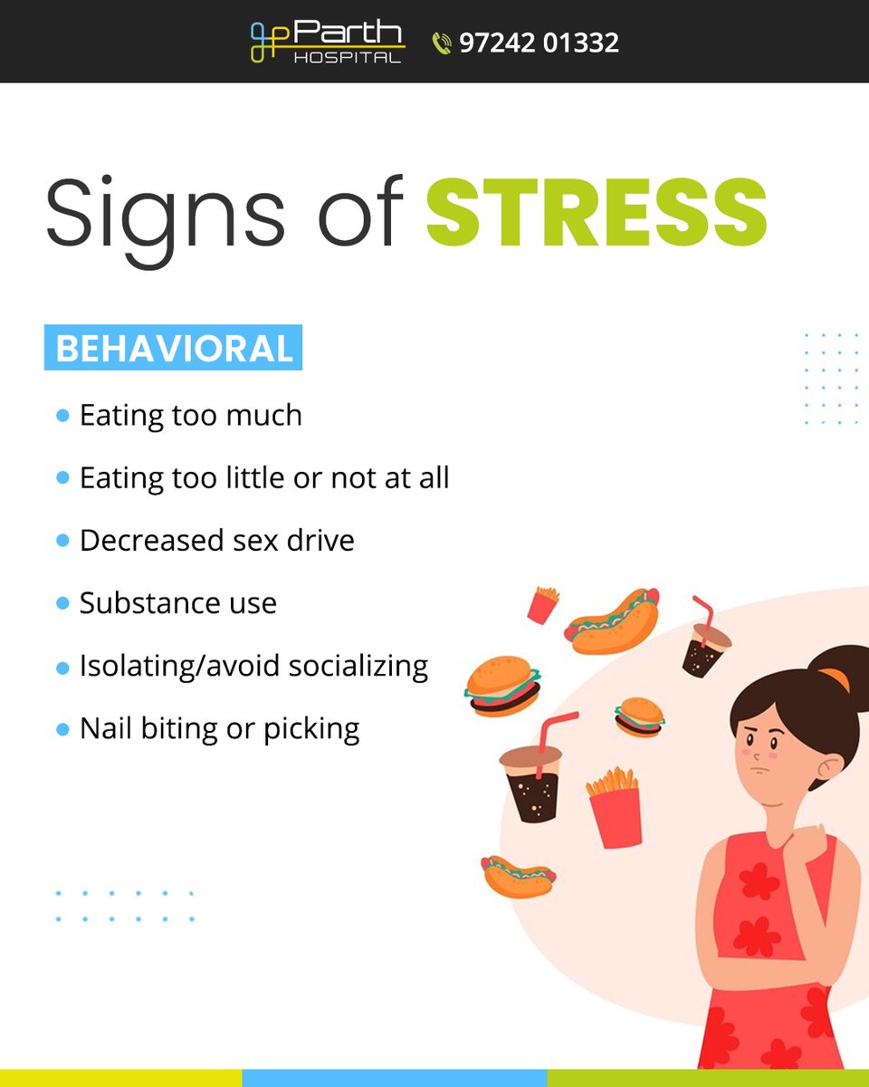 parth_hospital's tweet image. Stress affects more than just your mood. It can lead to physical symptoms like tension, emotional shifts like anxiety, and behavioral changes like withdrawal.

#Stress #StressAwarenesss #Signsofstress  #MentalHealthMatters #ParthHospitalAhmedabad #ParthHospital