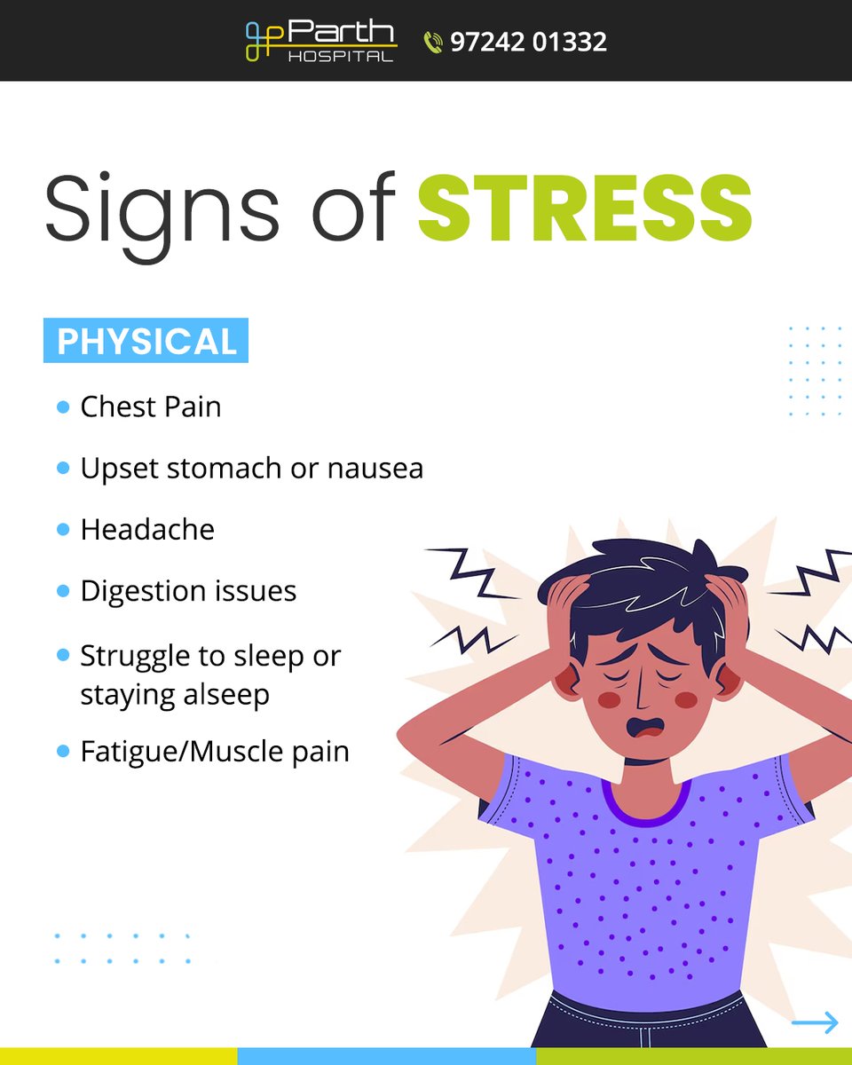 parth_hospital's tweet image. Stress affects more than just your mood. It can lead to physical symptoms like tension, emotional shifts like anxiety, and behavioral changes like withdrawal.

#Stress #StressAwarenesss #Signsofstress  #MentalHealthMatters #ParthHospitalAhmedabad #ParthHospital