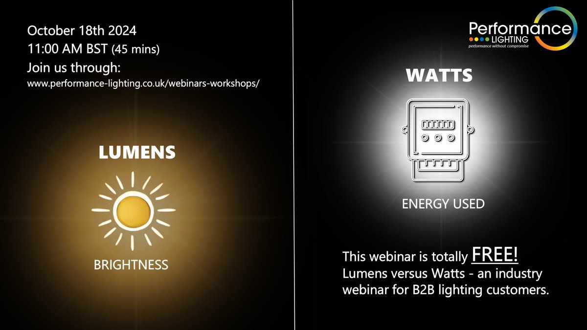 Our next specialist webinar is TOMORROW and there’s still time to register your FREE place – lucky you😉

Pete and John are geared up to talk all things ‘Lumens versus Watts’ – sign up here:

performance-lighting.co.uk/webinars-works…

#YorkshireBusiness #Lighting #LightingIndustry #LEDIndustry