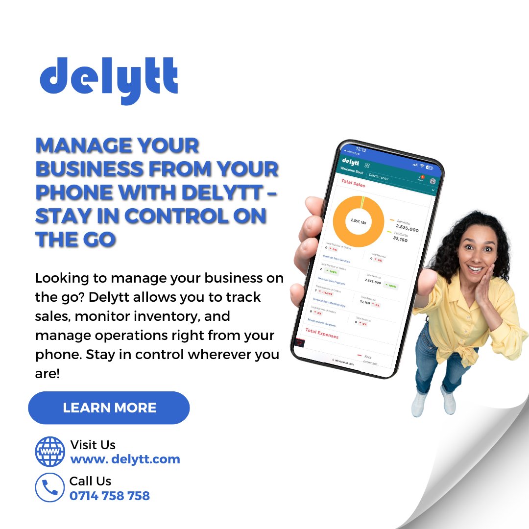 delytt_'s tweet photo. Run Your Entire Business from Your Pocket! 📱
With Delytt, you can manage your business operations, track sales, and access reports—all from your phone. Whether you're in the office or on the go, stay connected and in control.
Request a demo today! 📞 0714 758 758. https://t.co/SWR700sNvP