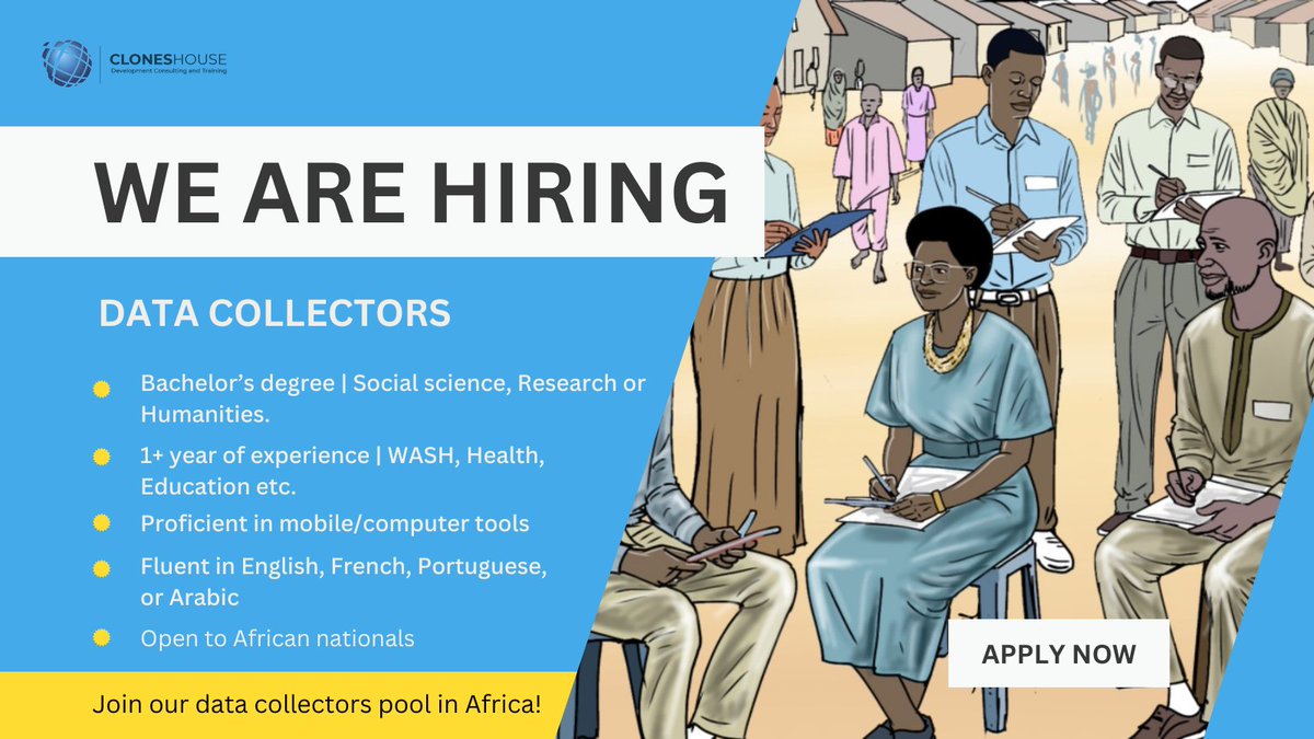 Cloneshouse (@cloneshouse) on Twitter photo Are You a Data Enthusiast?🚀
Join our team as a Data Collector and help gather valuable insights driving meaningful change in Africa.
Apply today
🔗: cloneshouse.com/community/
#DataCollectors #JobOpportunity #MEL #Monitoring #Evaluation #CareerOpportunity #JoinNow Are You a Data Enthusiast?🚀
Join our team as a Data Collector and help gather valuable insights driving meaningful change in Africa.
Apply today
🔗: cloneshouse.com/community/
#DataCollectors #JobOpportunity #MEL #Monitoring #Evaluation #CareerOpportunity #JoinNow