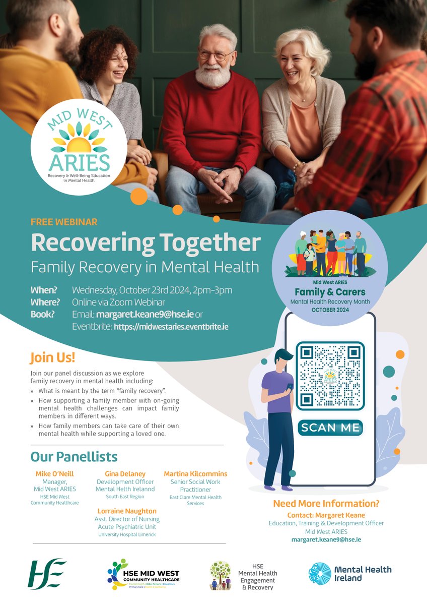 Take part in a free webinar on family recovery in mental health on Weds Oct 23rd between 2-3pm. Learn more about recovery, mental health and how it impacts family members. Scan the QR code or visit midwestaries.eventbrite.ie to secure your place.