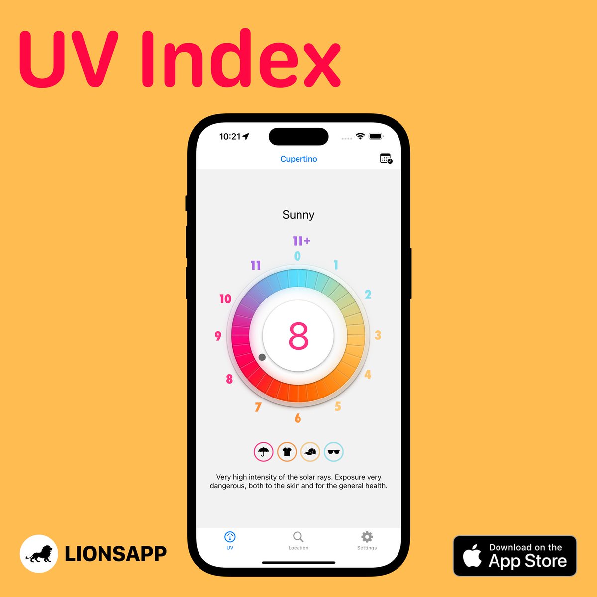 LionsApp's tweet photo. UV Index - Sun rays:

Protect yourself from the risks that uncontrolled exposure to the sun can cause.

#uv #ray #forecast #weather  #sun #ultraviolet #uvprotection #solarradiation #radiation #uvindex #sunexposure #app #ios #app #apple https://t.co/FUj2i2UJAH