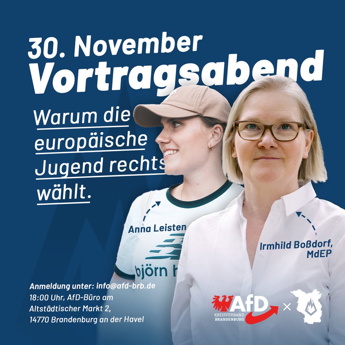 JA_Brandenburg's tweet photo. Einladung zum Vortragsabend: „Warum die deutsche Jugend rechts wählt“ 🇩🇪

Wir laden Euch herzlich zu einem spannenden und aufschlussreichen Vortragsabend ein, bei dem wir der Frage nachgehen: „Warum wählt die deutsche Jugend rechts?“.

📅 Datum:
Altstädtischer Markt 2
14770 Brandenburg an der Havel

🕕 Beginn:
Ab 18:00 Uhr

Unsere Gäste: @IrmhildBoss - Mitglied des EU-Parlaments und @leisten_anna - Jugendchefin in Brandenburg. Gemeinsam beleuchten wir die Hintergründe und Ursachen, die junge Menschen in Europa dazu bewegen, rechte Parteien zu wählen.

🗣️ Nach den Vorträgen besteht die Möglichkeit, in einer offenen Diskussionsrunde Fragen zu stellen und eigene Gedanken einzubringen. Wir freuen uns auf einen anregenden Abend mit Euch!

📢 Der Eintritt ist frei. Für Getränke und ein kleines Buffet wird gesorgt sein.
