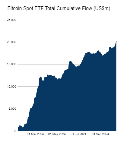 Only 9 months after launch, the Spot Bitcoin ETFs have cracked cumulative net inflows of $20 billion yesterday. The past 4 trading days alone added a massive $1.6bn. 

Thanks to the conversion of the Grayscale Bitcoin Trust (GBTC) and the substantial price surge, the ETF market