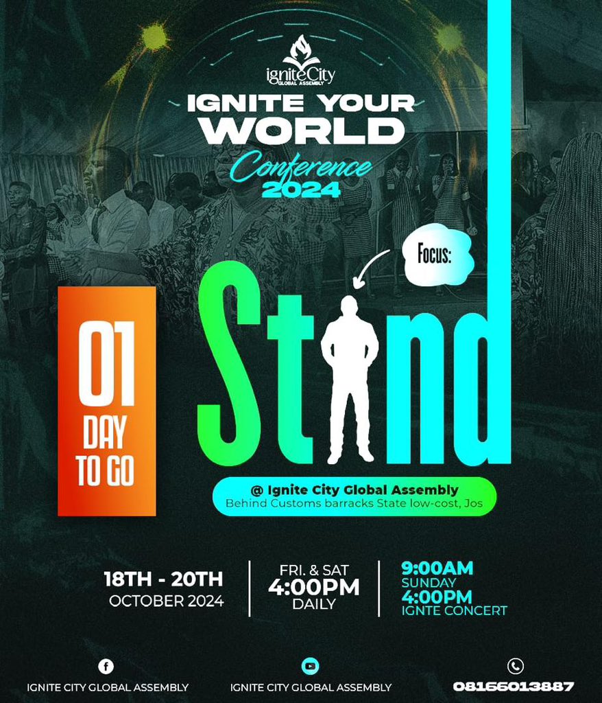 igniteccentre's tweet photo. 🔥 Just 1 Day Left! 🔥

The Ignite Your World Conference is almost here, and we can feel the excitement building!

This isn’t just another event; it’s a divine encounter waiting for you!

 Don’t let anything hold you back from stepping into what He has for you!
#IYWC2024  #Stand https://t.co/dEooJexFXS