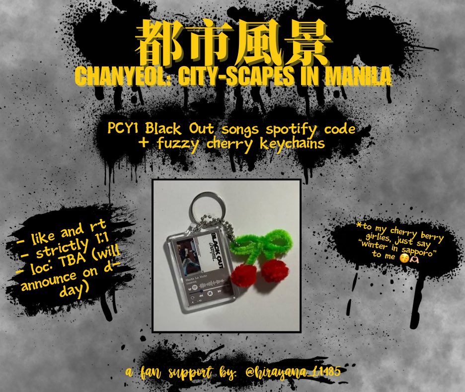 hirayana_xo's tweet photo. kaya pa ba mag-anik-anik? 🥺

🍒🤍CHANYEOL CITY-SCAPES IN MANILA GIVEAWAY🤍🍒

Black Out songs spotify code w/ fuzzy cherry keychain 🍒

-follow, rt &amp; like (not required but appreciated)
-will be given randomly
-loc: TBA

maubos sana, awa na lang oh 🥺😭

#CHANYEOLinMANILA2024 https://t.co/2CBfXxf9Dq