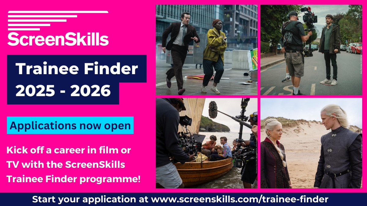 UKScreenSkills's tweet photo. Looking to break into UK film and TV?

Applications for ScreenSkills' #TraineeFinder 2025-26 are now open!

This entry-level training programme places individuals on placements on #film, #highendTV and #childrensTV productions across the UK.

Apply now: https://t.co/O1K3r62wZ3 https://t.co/rYy5DoYoqF
