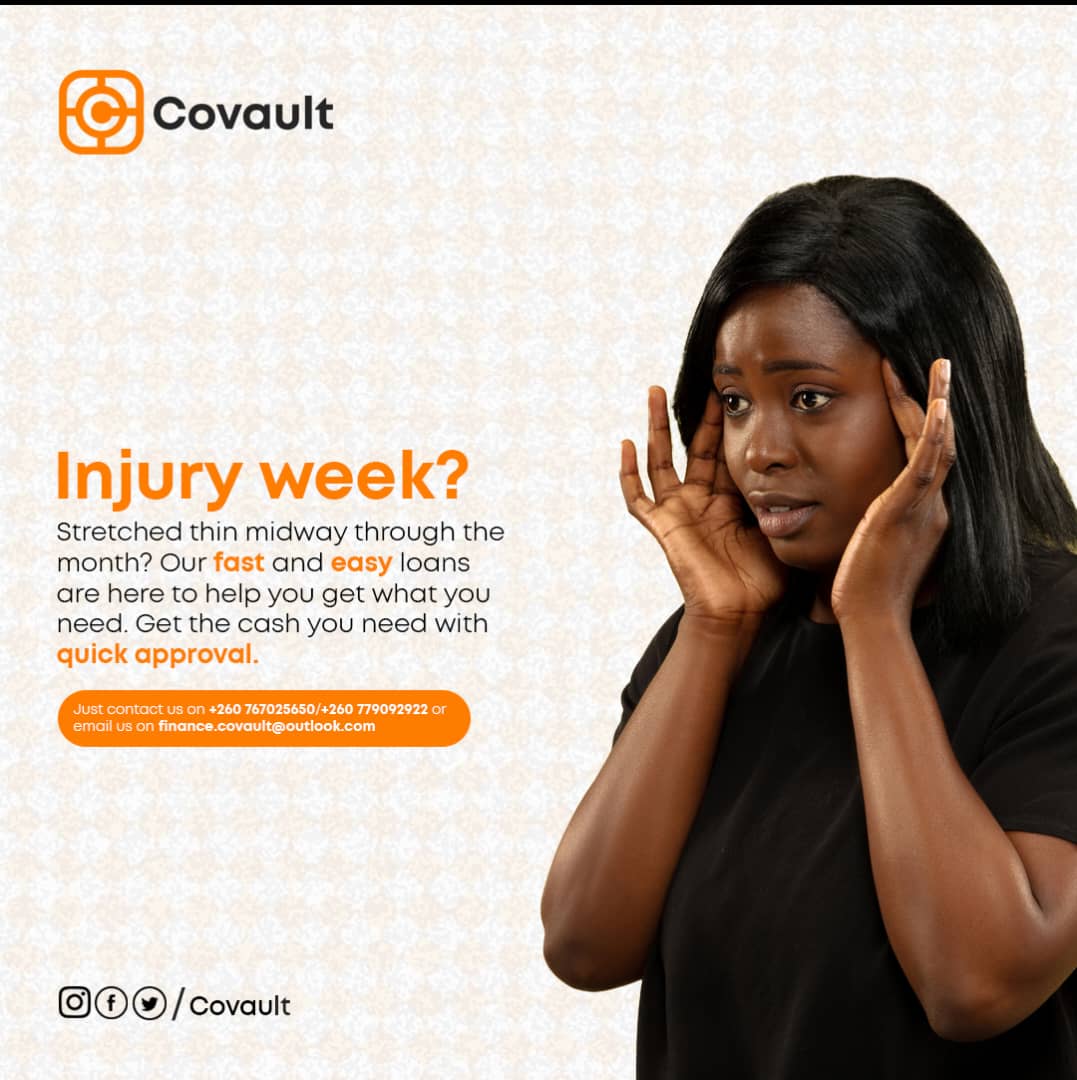 Covault_Zambia's tweet image. 💥 Injury Week? Don't Stress! 💥  
✅ Get the cash you need with quick approval and breathe easy again.  
📞 Call us: +260 767025650 / +260 779092922  
📧 Email: finance.covault@outlook.com  

#Covault