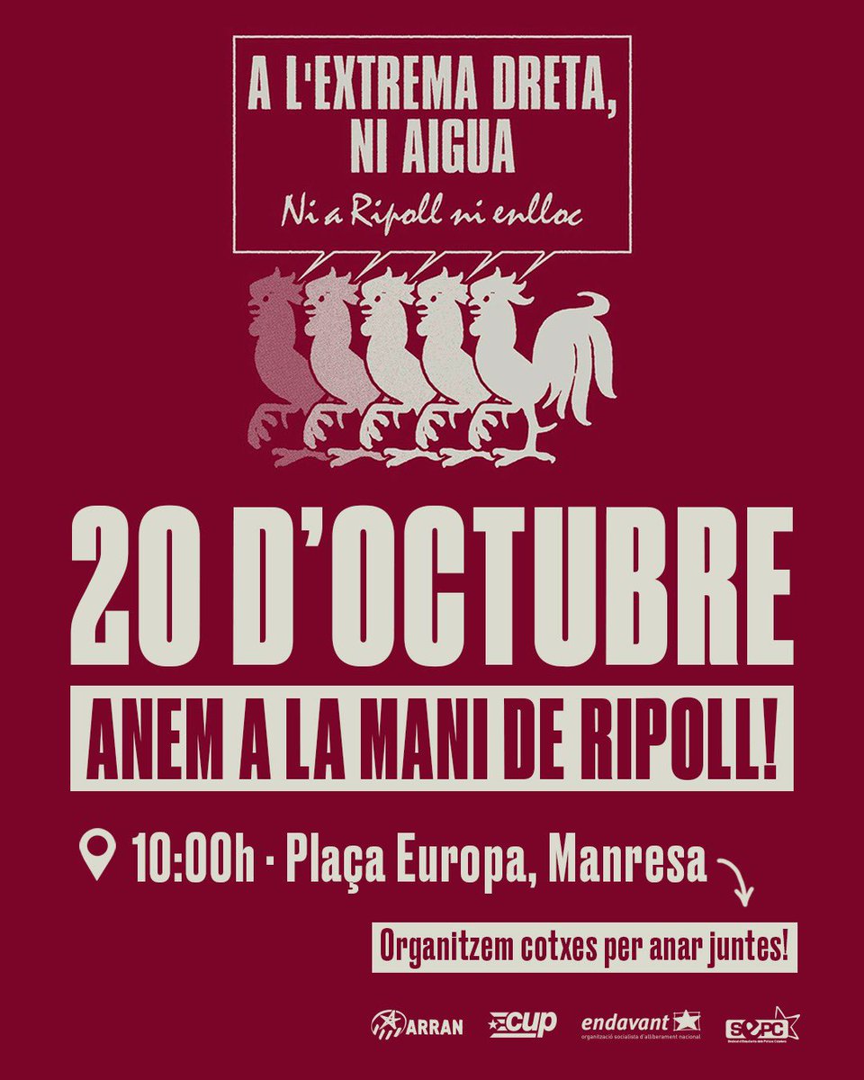 🚩 El diumenge 20 d'octubre totes a Ripoll per plantar cara al feixisme  d'Orriols i Aliança Catalana. 

En defensa dels espais populars i que són trinxeres de resistència a l'odi i la reacció 👊 

#NoTreuranLaMetxaDelsCarrers