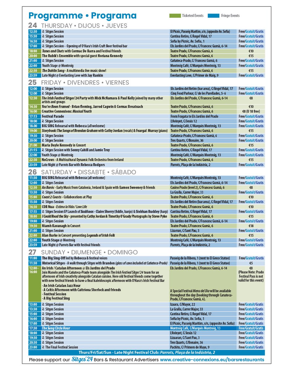 The Irish Festival Sitges 2024 PROGRAMME!!  CLICK on the image to open it 👉 SAVE on your device 📷 BOOK NOW: creative-connexions.eu #creativeconnexion #Sitges2024

<a href="/AjSitges/">Ajuntament de Sitges</a> <a href="/SitgesEnglish/">Sitges in English</a> <a href="/TurismeDeSitges/">Turisme de Sitges</a> <a href="/cultureireland/">Culture Ireland</a> <a href="/VisitSitges/">VisitSitges</a>