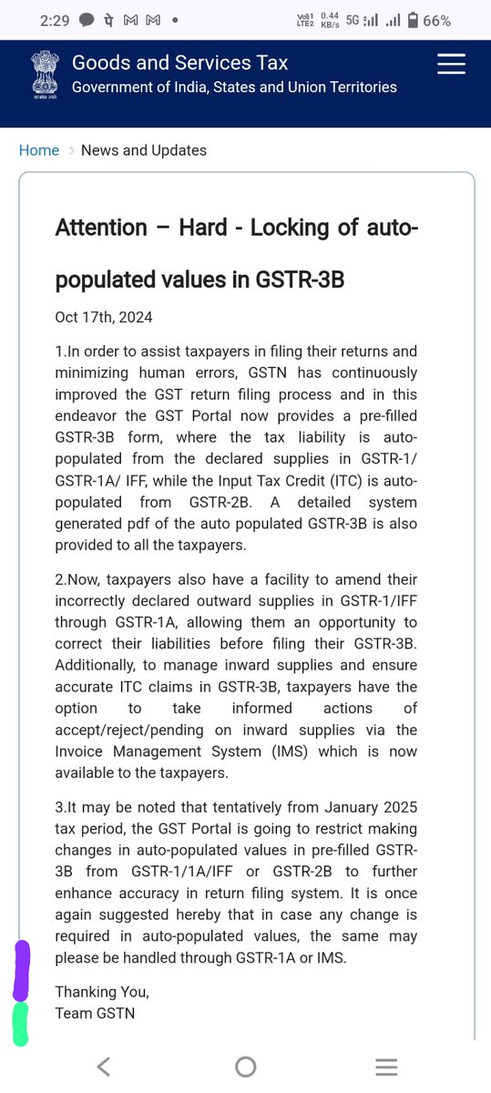 CA_HarshilSHETH's tweet photo. ITC FLOW   OR  ITC FLAWED ?
THOUGHTS ON   IMS AND GSTR 2B AND HARD-LOCKING OF GSTR 3B AUTO DRAFTED VALUES

1. IMS-

1.1 GST Portal has provided  IMS module separately in the Returns module . Check pic -1 ,2,3

1.2 IMS is introduced without legal backing . You May/May not  take  Action in IMS After 14th of each month till 20th in each month or even during any day in the whole month , As it will be dynamic 

1.3 Remember, it has ONE separate dashboard on Portal. Not  like Monthly 1/1A/2B/2A/3B screen . Also IMS is a dynamic module. It will show  the transactions which are uploaded by the Counter party even after the CUT-OFF date of 11th / 13th. the view is perpetual.  Basically IMS will show all the all inward B2B transactions which are uploaded by counterparty on real time basis

1.4 Evenif you take Action or dont take Action, It will FILTER out only 11th/13th cut off date B2B  invoice and send it to Respective Month GSTR 2B ( IN BACKGROUND) 

1.5 The transactions which are taken up in respective month GSTR 3B, will be removed from IMS once GSTR 3B is filed

1.6 Crux-  It seems unless Reject or Pending facility , IMS will not be much useful . Wrong .  Why is IMS still important ? To check detailed line item wise Inward B2B invoices  as GSTN might restrict GSTR 2B line item viewing as GSTR2B will be having CONSOLIDATED view from next month. So indirectly , One has to check IMS as It will provide LINE-ITEM wise ( invoice -wise) viewing ( the only source) (Evenif IMS is not compulsory) 

2.  GSTR 2B generated on 14th anyways remains Fixed   . Flow is IMS to GSTR 2B ( but filtered records of B2B having 11th/13th cut off) . So filtered invoices will flow from IMS to GSTR 2B atleast for B2B and GSTR 2B will show consolidated value . Also it will give consolidated value of imports , TDS TCS , ISD. And Taxpayer can file his GSTR 3B.  ( The only issue is Invoice-wise viewing will not be there in GSTR 2B from next month) 

3.  Remember , Portal still shows the GSTR 2A screen in monthly return dashboard.  Which is also relevant to view Invoice-wise Inwards.   Also remember , IMS has no legal backing  and  GSTR 2A has lost legal backing 

4. Once , Hard locking in values of GSTR 3B from January-2025 , GSTR 3B will not be changed and  outward figures from GSTR 1 and ITC figures in 4A5 taken from generated 2B , will be there in Auto drafted  3B and we have file GSTR 3B according to AUTO DRAFTED GSTR 3B -  check pic-4

5. Atlast, It feels like whole  ITC claiming structure logistically is so messed up , confusing  and overlapping

CA HARSHIL SHETH