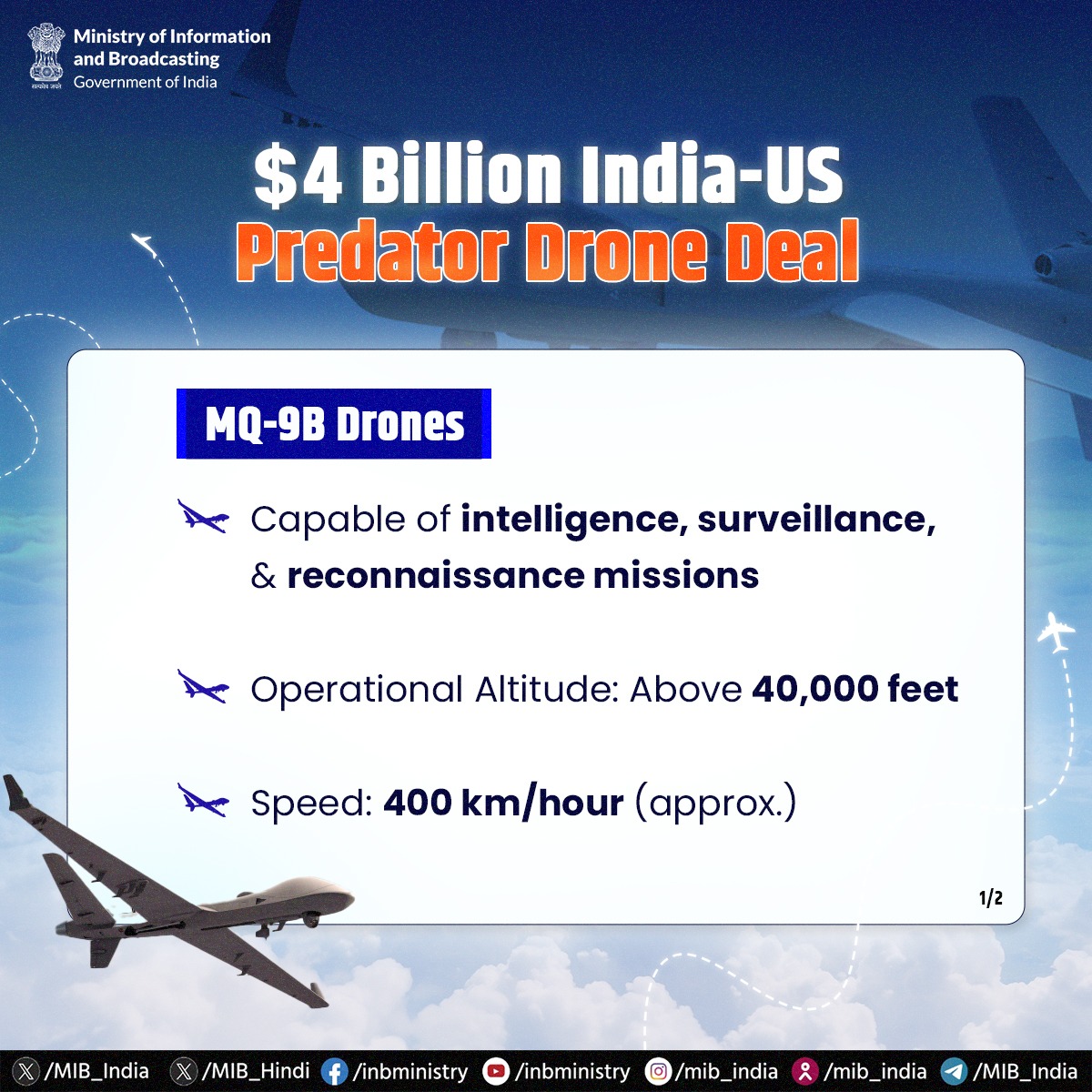 MIB_India's tweet image. In a significant boost to the country’s defence capabilities, India &amp;amp; US inked pact for procuring 31 MQ-9B Predator drones. 

The deal is aimed to augment the operational readiness of Indian Defence Forces. 

#PredatorDrones #MQ9B #DefenceCooperation