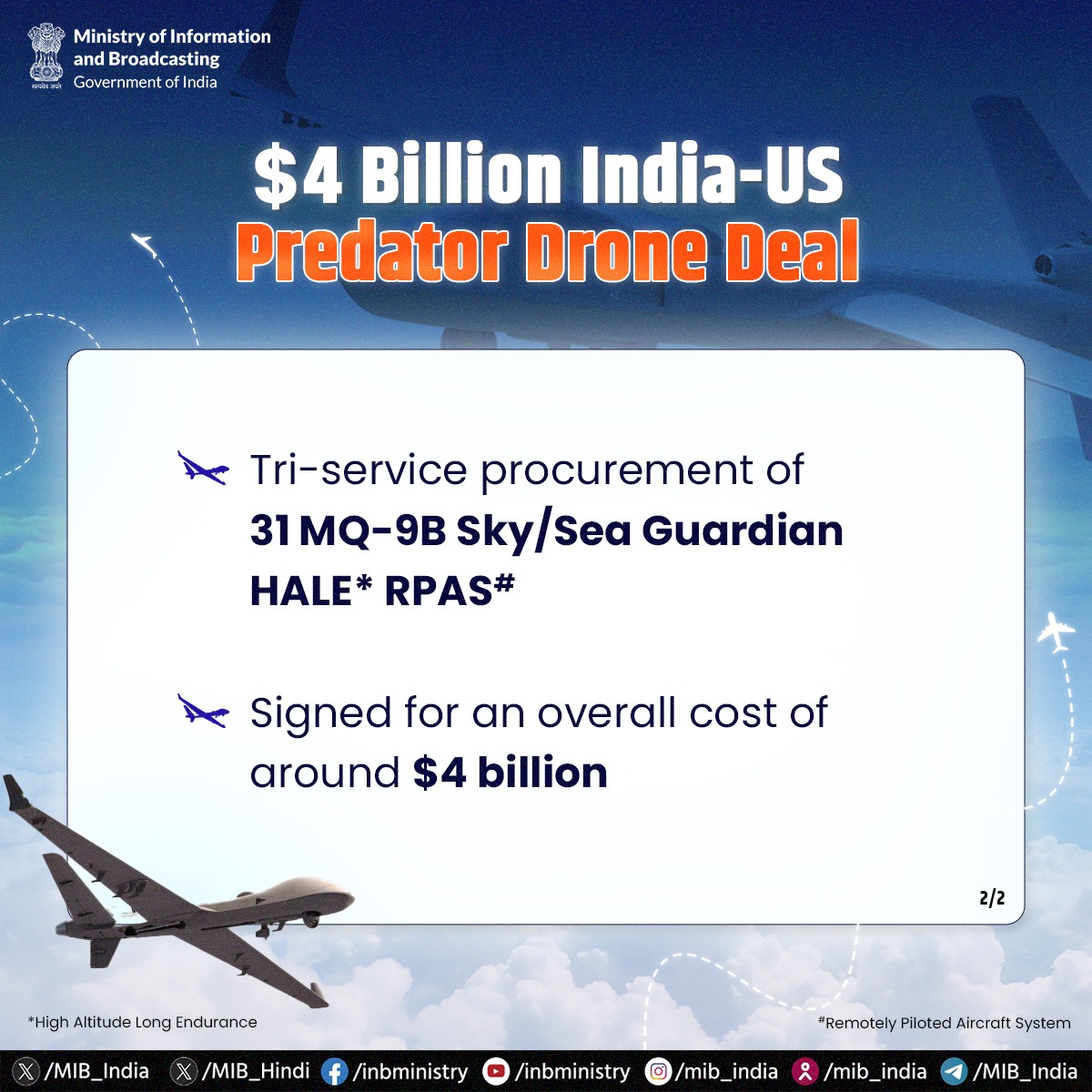 MIB_India's tweet image. In a significant boost to the country’s defence capabilities, India &amp;amp; US inked pact for procuring 31 MQ-9B Predator drones. 

The deal is aimed to augment the operational readiness of Indian Defence Forces. 

#PredatorDrones #MQ9B #DefenceCooperation