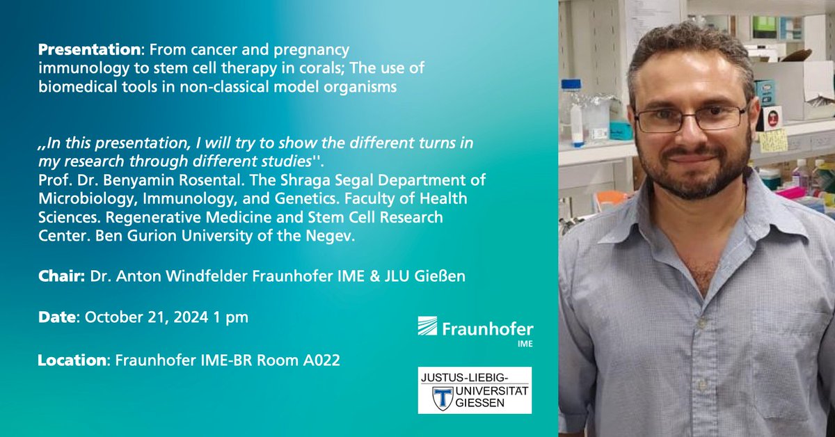 Anton Windfelder (@antongeorgem) on Twitter photo Dear Colleagues,
We invite you to an exciting lecture by <a href="/BRosental15708/">Benyamin Rosental</a> on Oct 21, 2024, at 1:00 pm, Lecture Hall of the Fraunhofer IME in Gießen.
From cancer and pregnancy immunology to stem cell therapy in corals: The use of biomedical tools in non-classical model organisms. Dear Colleagues,
We invite you to an exciting lecture by <a href="/BRosental15708/">Benyamin Rosental</a> on Oct 21, 2024, at 1:00 pm, Lecture Hall of the Fraunhofer IME in Gießen.
From cancer and pregnancy immunology to stem cell therapy in corals: The use of biomedical tools in non-classical model organisms.