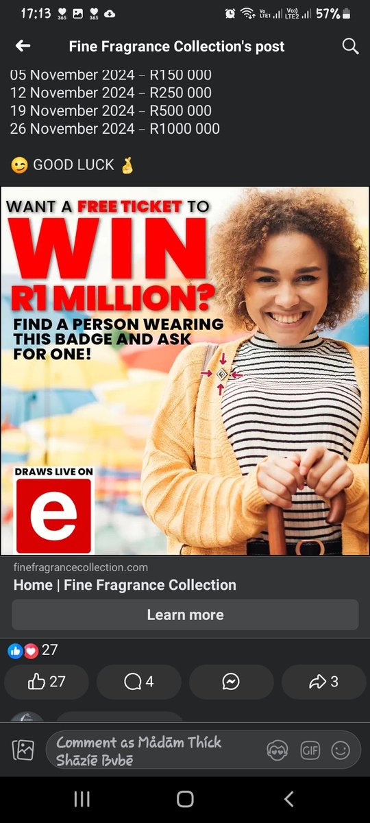 SharonMothiba's tweet photo. Yes I don't have millions but I can give you a ticket that can make  you a millionaire.  R1million to be won by my customers from the 29th October. Remember I'm your no.1 Fine Fragrance agent.
Try your luck today and get ur tickets 0797653765 https://t.co/RuGUiowg3f