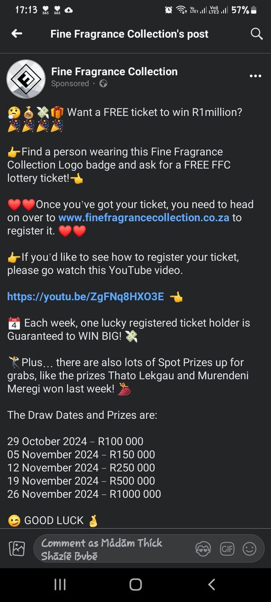 SharonMothiba's tweet photo. Yes I don't have millions but I can give you a ticket that can make  you a millionaire.  R1million to be won by my customers from the 29th October. Remember I'm your no.1 Fine Fragrance agent.
Try your luck today and get ur tickets 0797653765 https://t.co/RuGUiowg3f