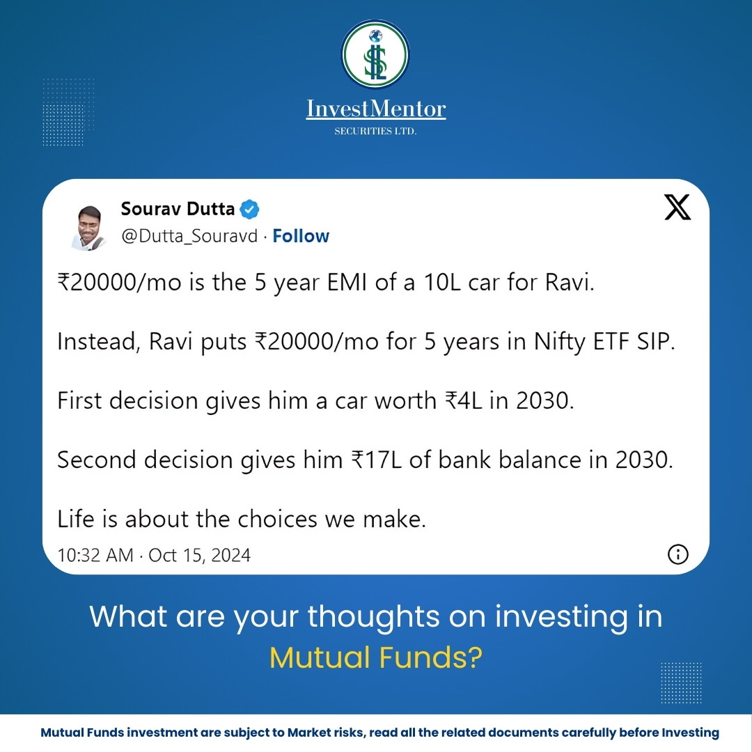 InvestMentorSec's tweet photo. Small choices today can lead to big rewards tomorrow! 🚗 vs. 💰

#InvestSmart #MutualFunds #WealthBuilding #FinancialFreedom #SIP #NiftyETF #SmartInvesting #Compounding #FuturePlanning #InvestmentTips #InvestMentor #MoneyManagement #InvestmentGoals #LongTermInvestment https://t.co/4b4mlAJncQ