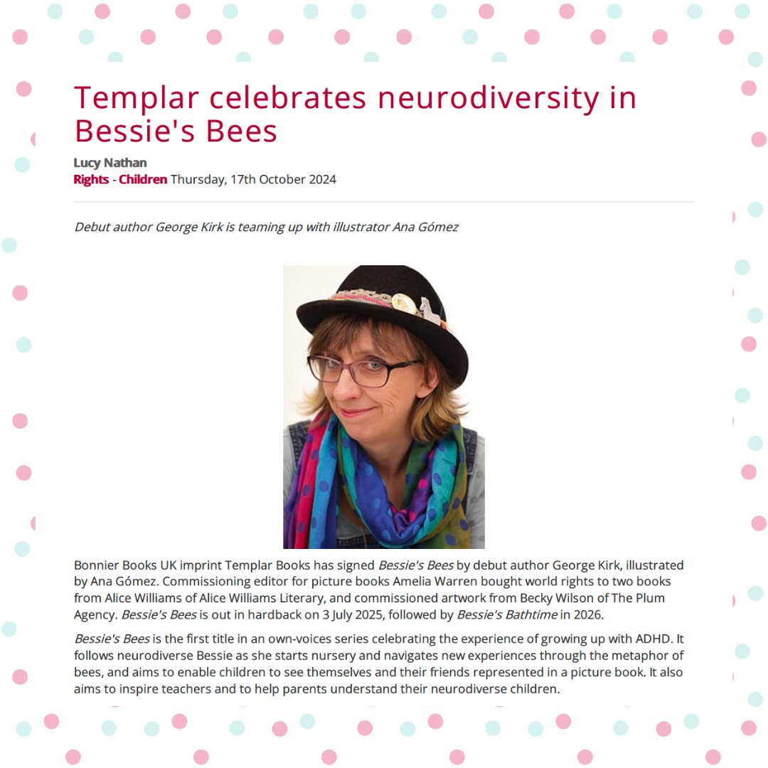 templarbooks's tweet image. Even MORE book news!📣

We are BUZZING to share we'll be publishing Bessie's Bees by debut author @GeorgeKirkTales, illus. by Ana Gómez. This story follows neurodiverse Bessie as she navigates nursery through the metaphor of bees.🐝

Read the article here: loom.ly/sJ0Ch6U