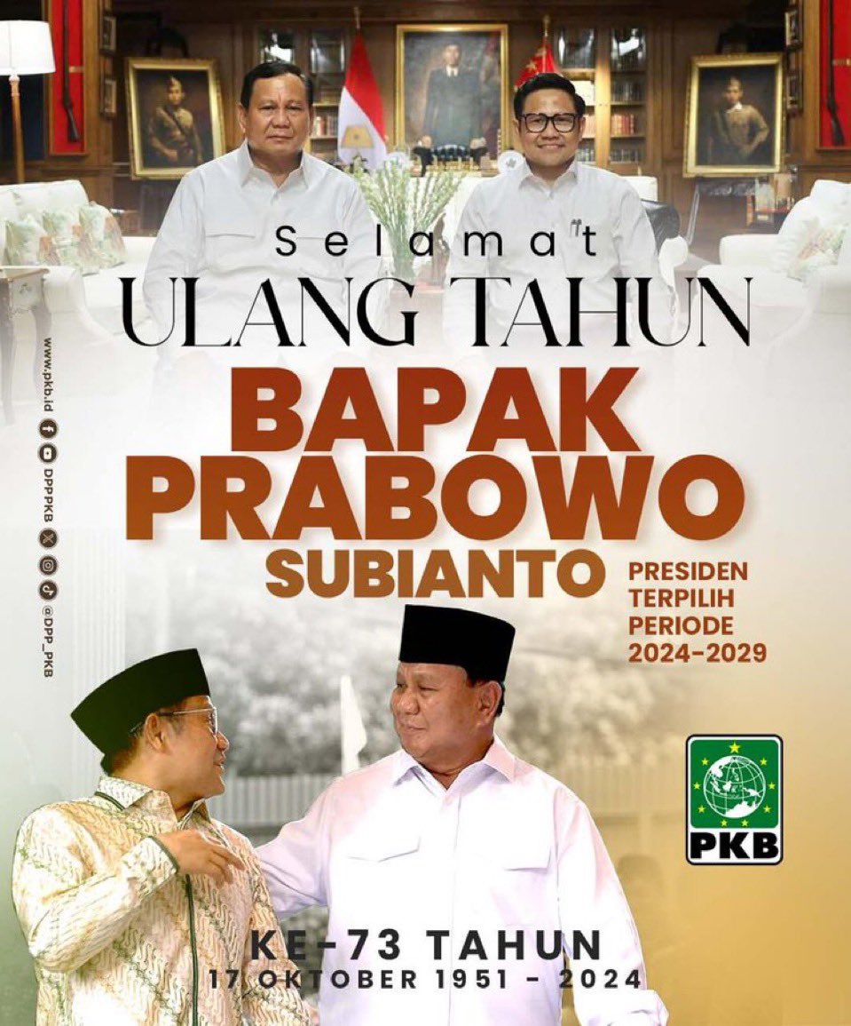 A Muhaimin Iskandar (@cakiminow) on Twitter photo Selamat Hari Ulang Tahun Pak <a href="/prabowo/">Prabowo Subianto</a> Presiden terpilih. Semoga Alloh senantiasa memberikan kesehatan, keberkahan dan kesuksesan memimpin bangsa Indonesia.
Kemarin, saya ikut pembekalan calon anggota Kabinet 2024-2029 di Hambalang.
بسم الله، توكلت على الله، لا حول ولا قوة إلا Selamat Hari Ulang Tahun Pak <a href="/prabowo/">Prabowo Subianto</a> Presiden terpilih. Semoga Alloh senantiasa memberikan kesehatan, keberkahan dan kesuksesan memimpin bangsa Indonesia.
Kemarin, saya ikut pembekalan calon anggota Kabinet 2024-2029 di Hambalang.
بسم الله، توكلت على الله، لا حول ولا قوة إلا