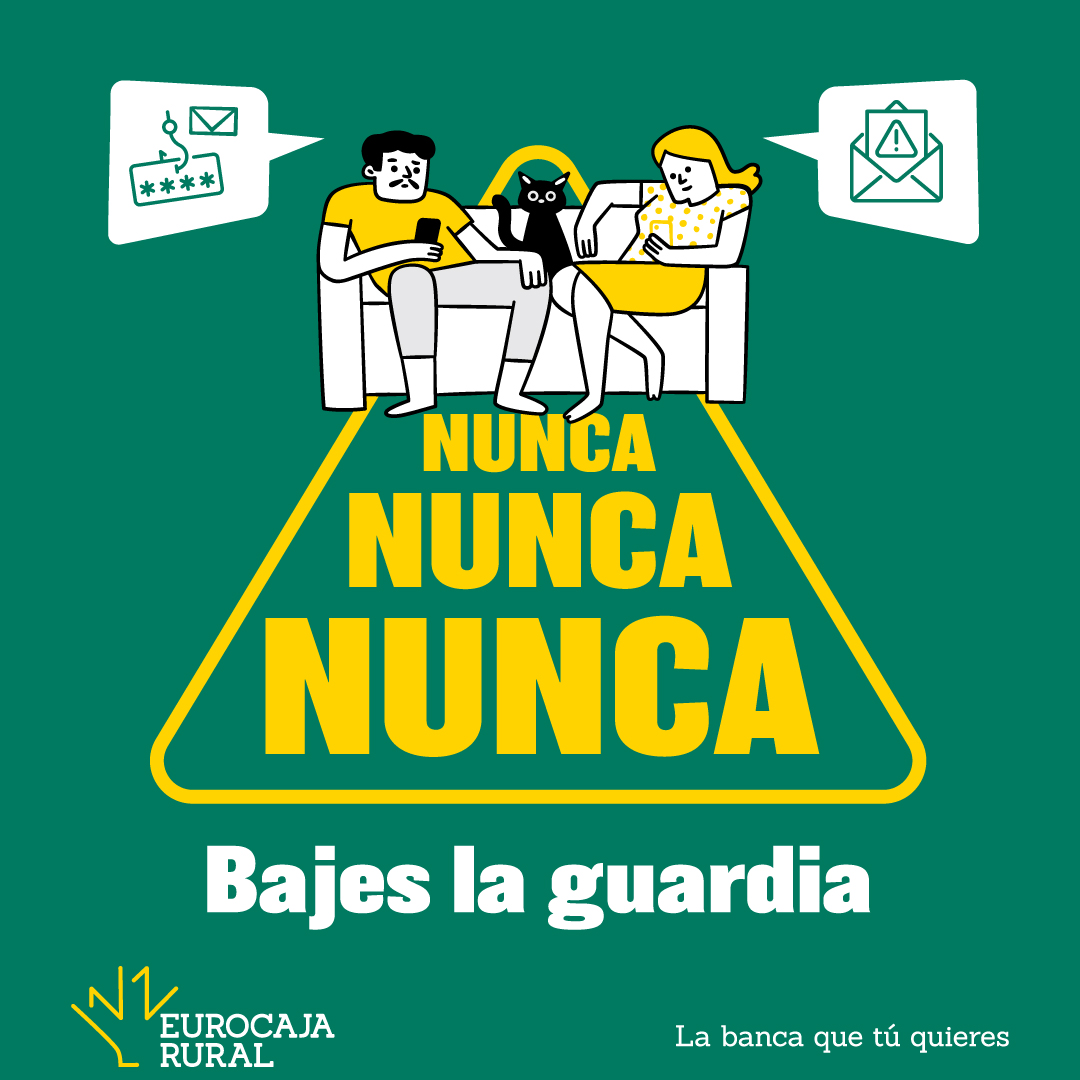 Te presentamos 'NUNCA, NUNCA, NUNCA BAJES LA GUARDIA', nuestra nueva campaña para concienciar sobre ciberseguridad🔒💻 #NuncaBajesLaGuardia
🔽Mira las recomendaciones🔽
eurocajarural.es/ciberseguridad
Ver noticia:
eurocajarural.es/institucional/…

#LaBancaQueTúQuieres