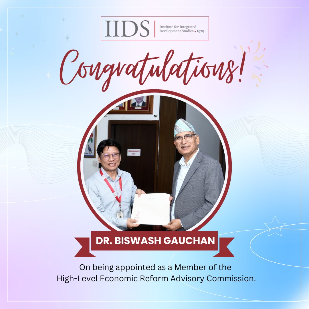 iids1979's tweet photo. Warm congratulations to Dr. Biswash Gauchan on his appointment as a member of the High-Level Economic Reform Advisory Commission.
At IIDS, we take immense pride in this accomplishment and extend our best wishes for his continued success in this pivotal role.
#achievement #iids https://t.co/fC28b2fAE2