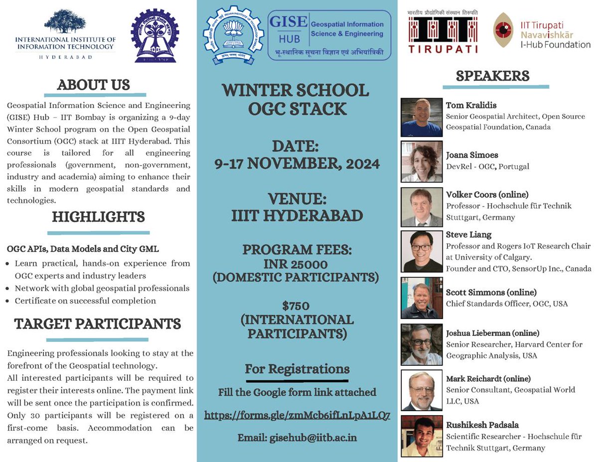 IIT Tirupati Navavishkar I-Hub Foundation (@iittniftih) on Twitter photo Join the OGC Stack Winter School 2024!
π Key Highlights:
Hands-on training with the latest OGC APIs, Data Models, and CityGML
Register Now!
Secure your place before it's too late:
Registration Form: lnkd.in/eZdX3t3q
For more information, contact: gisehub@iitb.ac.in Join the OGC Stack Winter School 2024!
π Key Highlights:
Hands-on training with the latest OGC APIs, Data Models, and CityGML
Register Now!
Secure your place before it's too late:
Registration Form: lnkd.in/eZdX3t3q
For more information, contact: gisehub@iitb.ac.in