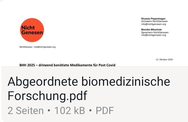 NichtGenesen's tweet photo. Wir haben erneut die 735 Abgeordneten des Bundestages auf die katastrophale Notlage der Menschen in unseren Gruppen und auf die heutige @LiegendDemo
vor dem @BMBF_Bund  aufmerksam gemacht. 
Wir fordern die öffentliche Förderung der klinischen Phasen der Wirkstoffe folgender Biotech-
Start-ups (durch schnell umsetzbare Pilotprojekte, KMU-Bio-Innovativ oder SPRIN-D): 
- MDC002, Mitodicure GmbH 
- BC007, Berlin Cures GmbH 
Darüber hinaus fordern wir eine Aufstockung der biomedizinischen Forschungsförderung im BMBF auf 50 Mio. € jährlich, um Anreize für universitäre und außeruniversitäre Forschungseinrichtungen zur 
Erforschung dieser Krankheitsbilder zu setzen.
Den ganzen Inhalt unseres Briefes lest ihr hier. 🔽
https://t.co/RjQ3yV39ek
Wir fordern alle Berliner auf, auch heute noch spontan an der Liegenddemo um 14:00 Uhr teilzunehmen❗Alle anderen, die leider nicht teilnehmen können, schreibt euren Wahlkreisabgeordneten an❗