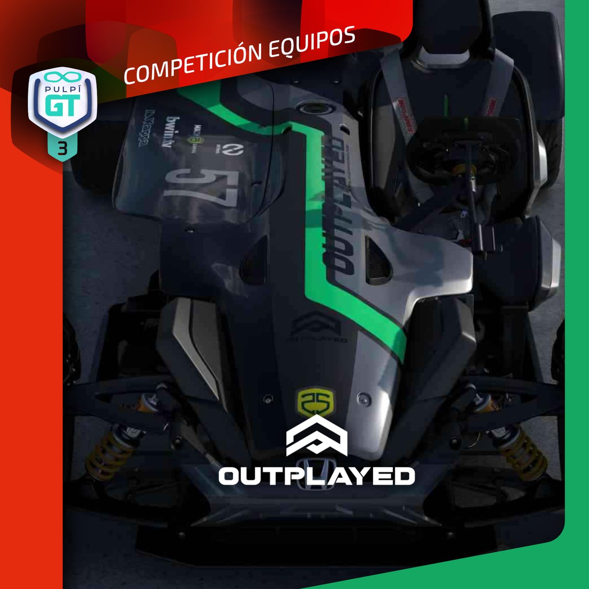 🔴 | #GTPulpí

Ocupa el trono dejado por <a href="/tdgracingteam/">TDG Racing Team</a>. Desde Italia, con la fuerza de la estrategia, la determinación y la habilidad para "outplayear" a sus rivales...

𝗘𝗾𝘂𝗶𝗽𝗼 (𝟮𝟰/𝟮𝟰)
▪️ <a href="/OutplayedRacing/">Outplayed Racing - OP</a>
▪️ Ranking M25G: 2º
▪️ Fase inicial: Final

#GT7 #Simracing