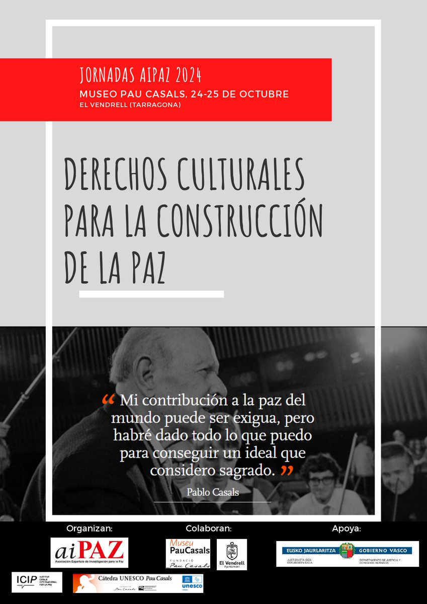 🎨🕊️ Jornadas AIPAZ 2024 | 24-25 OCT | El Vendrell

Derechos Culturales para la Construcción de la Paz.

Conferencias, talleres, música en vivo, teatro y mucho más 🎶

📩 Inscripciones: museu@paucasals.org
🔗 Toda la información: aipaz.org/jornadas-aipaz…