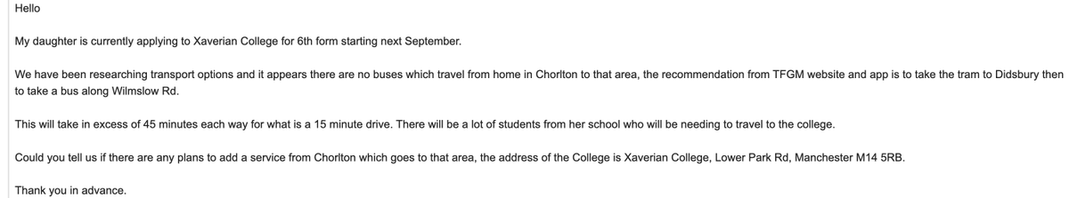 OliverTelfer's tweet photo. @BeeNetwork I emailed you on 26th Sept and chased it up on 4th Oct requesting info on a bus route.

No reply to either...what do I need to do to get a reply???

Attached body of email.

cc @AndyBurnhamGM, @hacking4chorltz , @TFGMBeeNetwork https://t.co/JTEk8z7WHv