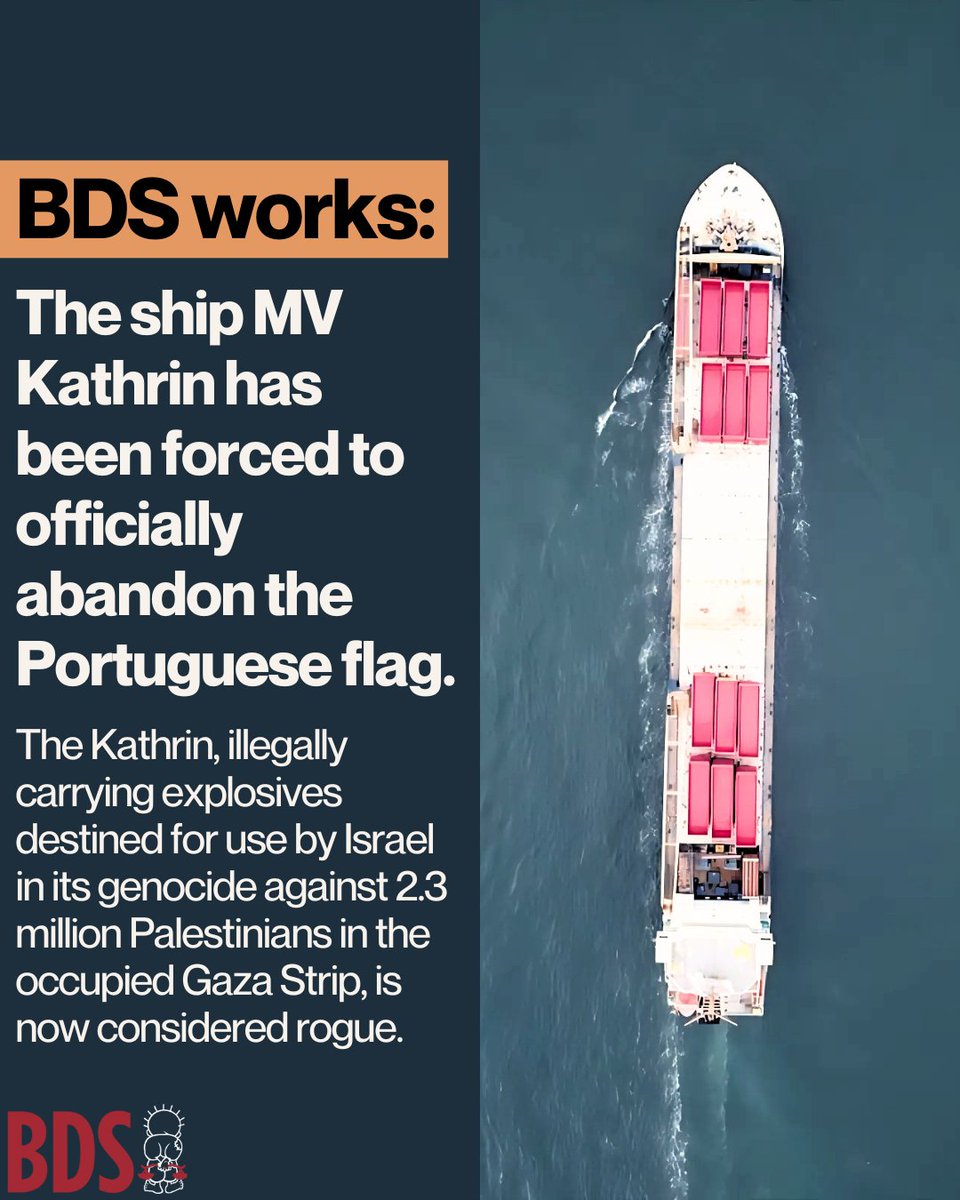 BDSmovement's tweet photo. #BDSworks: The ship MV Kathrin has been forced to officially abandon the Portuguese flag! 

The Kathrin, illegally carrying explosives destined for use by Israel in its genocide against 2.3 million Palestinians in the occupied Gaza Strip, is now considered rogue https://t.co/mC0m1N8HBH