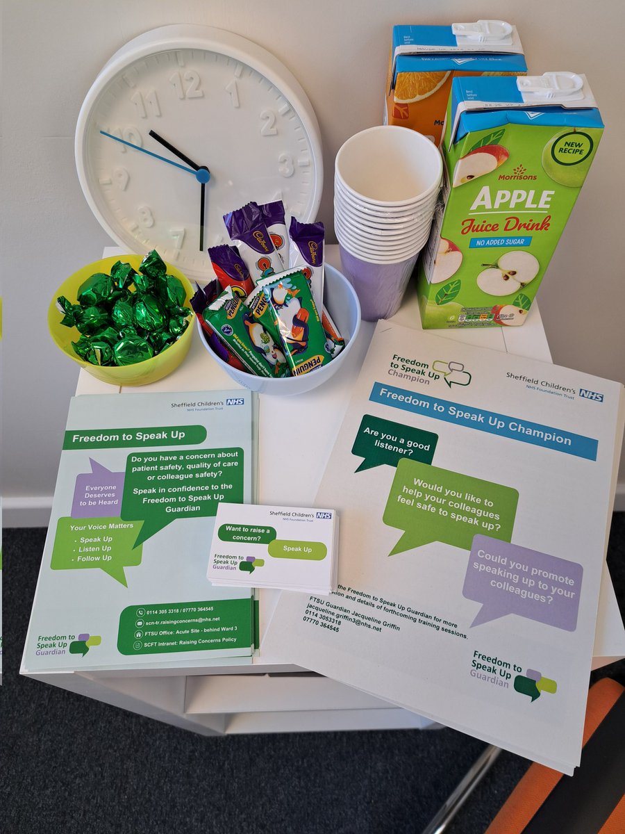 JacGriffinFTSU's tweet photo. Speak Up Month 'Drop In' session now open - FTSU office, C floor, behind Ward 3. #HereToListen until 4pm @SheffChildrens Come on in, find out more about becoming a FTSU Champion for your team/area, collect some new poster and contact cards or just say hello 🙂 @NatGuardianFTSU https://t.co/cHbUHhnTck