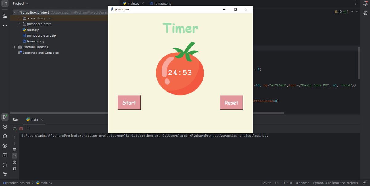 Alap_Chaturvedi's tweet photo. I tried to make a pomodoro timer using tkinter in python.
Suggest me if there is any other idea we should add in this or try for practice🙂
#learn_in_public. #programminghelp 
#Python https://t.co/vMZteEhgB9