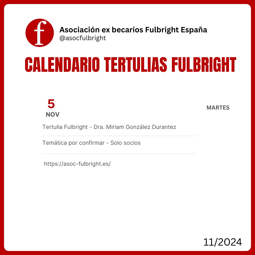 AsocFulbright's tweet photo. Compartimos la actualización de las fechas confirmadas para nuestras tertulias mensuales #Fulbright, solo para socios.

Únete a nosotros para explorar y debatir sobre temas de actualidad.

Obtén más información en nuestra web: https://t.co/6FfRLf7Dw8

#iamfulbrighter https://t.co/CNqwUHHUM1
