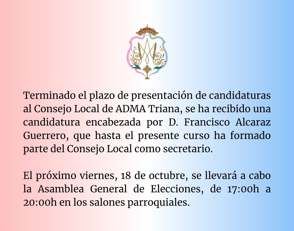 𝐀𝐬𝐚𝐦𝐛𝐥𝐞𝐚 𝐆𝐞𝐧𝐞𝐫𝐚𝐥 𝐝𝐞 𝐄𝐥𝐞𝐜𝐜𝐢𝐨𝐧𝐞𝐬

Terminado el periodo de presentación de candidaturas al Consejo Local se ha recibido una única candidatura encabezada por D. Francisco Alcaraz Guerrero.

¡Viva María Auxiliadora!

#somosfuturo