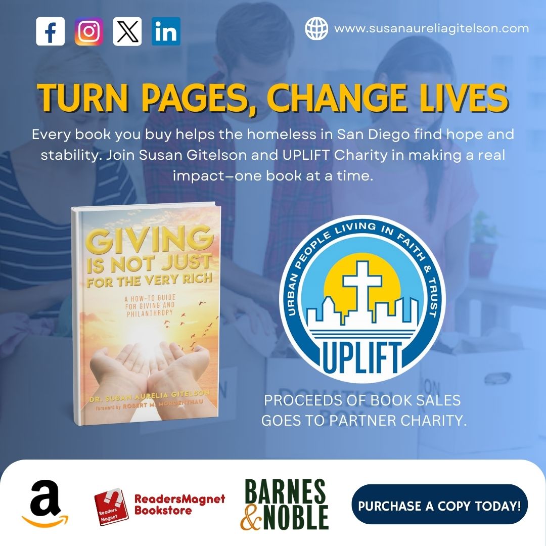 SusanGitelson's tweet image. For every copy of Susan's book sold, proceeds will go directly toward UPLIFT San Diego, providing essential services to those in need.

Purchase your copy today and make a difference: 
susanaureliagitelson.com/how-to-practic…

#BooksForGood #EndHomelessness #UPLIFT #SusanGitelson