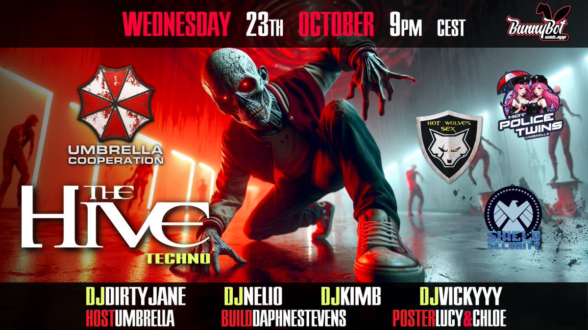 BunnyBot3dx's tweet photo. UMBRELLA™ THE HIVE (4 live Techno DJs)
Wed, Oct 23rd, 9:00 PM - Thu, Oct 24th, 1:00 AM
Get ready for an electrifying night! Join us at The Hive this Wednesday at 9pm CEST for Umbrella Cooperation. Dive int...
https://t.co/HS5GaTT28z https://t.co/hd6vSVYjAR