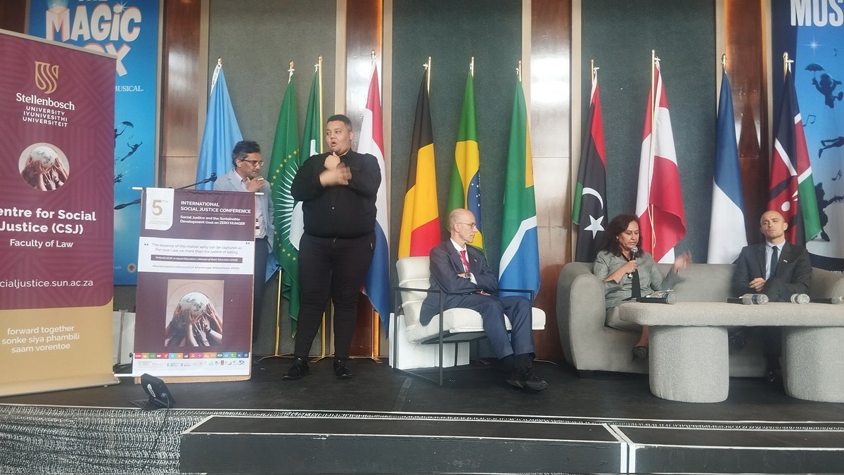 DG <a href="/Zwandid/">Zane Dangor</a> moderating a high level conversation #SocialJusticeConference after a protest for having  the German Ambassador platformed <a href="/CFSJ_MPlan/">Stellenbosch University Centre for Social Justice</a> . Turkey, Brazil and France on stage.