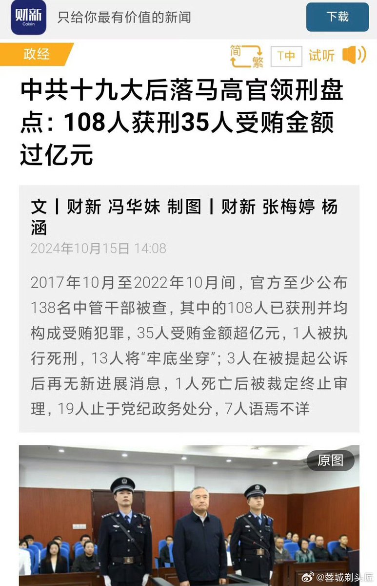 From 2017 to 2022, at least 108 high-level officials directly appointed by the Central Committee of the Communist Party of China were sentenced for accepting bribes, of which 35 received bribes of hundreds of millions of yuan. https://t.co/dKJ2PuVwkm