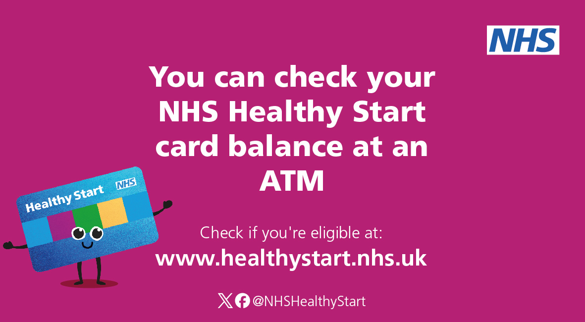 Your NHS Healthy Start card gets topped up every four weeks. 📅 You can check your balance at a cash machine or by calling our 24/7 automated service on 0300 330 2090.

Check if you're eligible for NHS Healthy Start by visiting: healthystart.nhs.uk