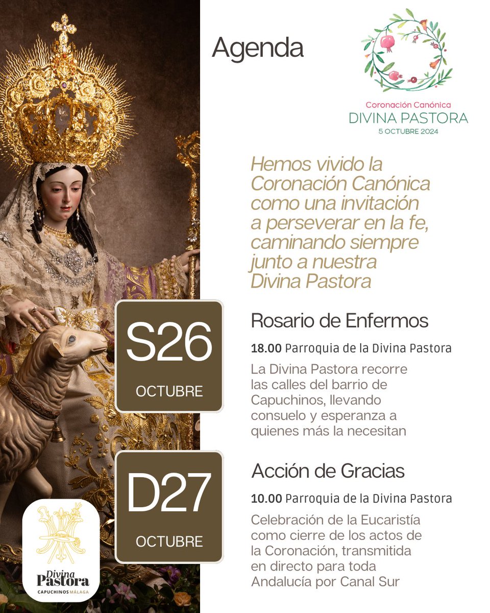 Estamos llamados a perseverar 🤎

🙏 Agradecemos a <a href="/canalsur/">CanalSur</a> por sumarse a los actos de la Coronación Canónica de la #DivinaPastora de #Málaga y ofrecer en directo la Misa de Acción de Gracias. Su difusión contribuye a extender la devoción pastoreña por nuestra #Andalucía 💐👒