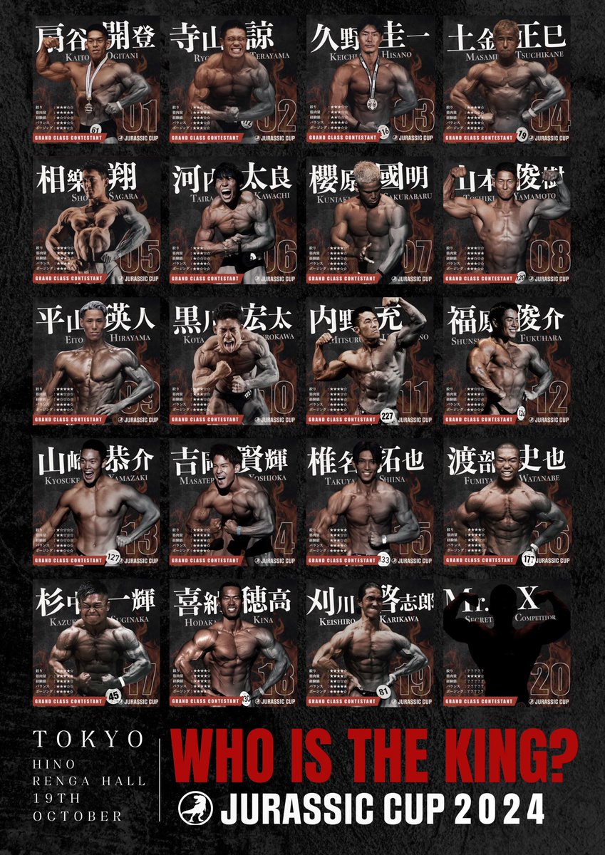 JurassicCup_jp's tweet image. 【順位を予想して豪華特典をゲットしよう】

No.1~19の選手の中で1~10位の順位を見事的中させた方の中から抽選で1名様に、どこよりも早い、来年度大会VIP席(1組2名)をプレゼントします🎁

参加方法
1.本アカウントをフォロー
2.この投稿にいいね
2.引用リポストで1~10位の選手を予想

挑戦者、求む！