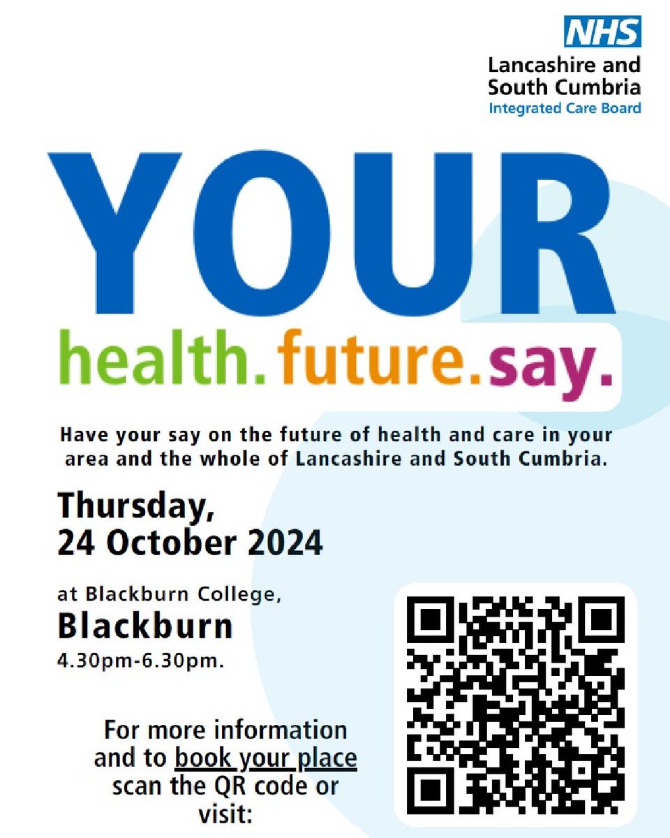 Want to have your say on the future of the NHS in Lancashire and South Cumbria?

Come and see us in Blackburn at 4.30pm on the 24 October. Let us know what’s working well and what we could do better. 🤩

orlo.uk/Ovh9i 

<a href="/blackburndarwen/">Blackburn with Darwen Council</a> <a href="/jackiefloyd17/">jackiefloyd</a> <a href="/CllrTigerPatel/">Cllr Tiger Patel</a>