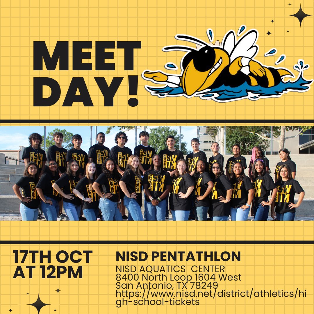EC_Swim_Team's tweet photo. 🔥It’s finally here! Our first meet of the season!!🔥Tickets for the NISD Pentathlon are online.  Competition starts at 12! See ya @ the Northside Aquatics center! 💛🖤🐝
#ECSwim
@_ECAthletics @ECISDtweets @ECHShornets @ArriolaSuzette @maggiwelham https://t.co/HOCUJ1QRIB