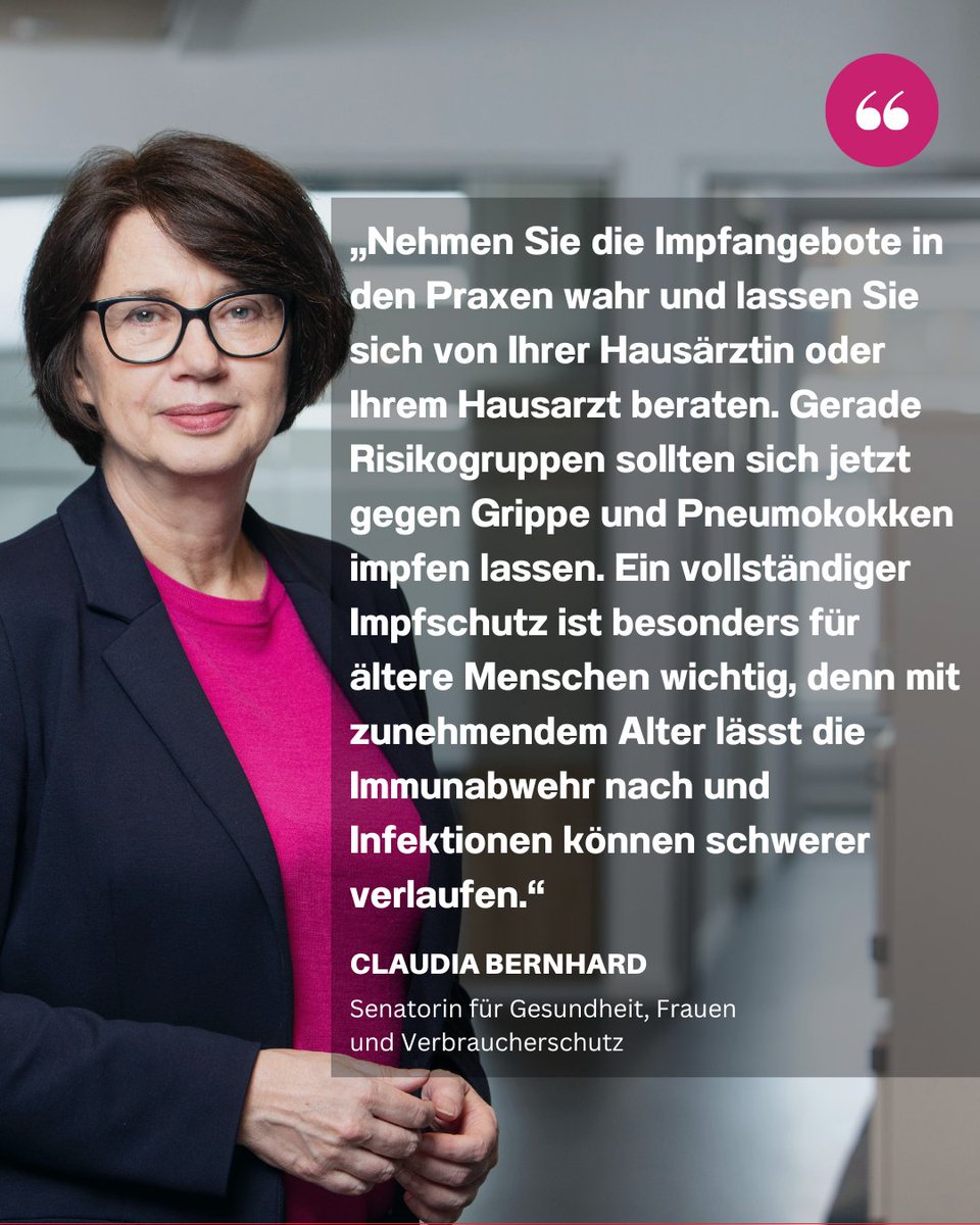 Nach Angaben des RKI hat die Grippesaison offiziell in der ersten Oktoberwoche begonnen. In Bremen wurden bis Mitte Oktober drei Influenzafälle gemeldet. Mit Beginn der Grippewelle ist es besonders wichtig, den Impfschutz aufzufrischen. 
senatspressestelle.bremen.de/pressemitteilu…