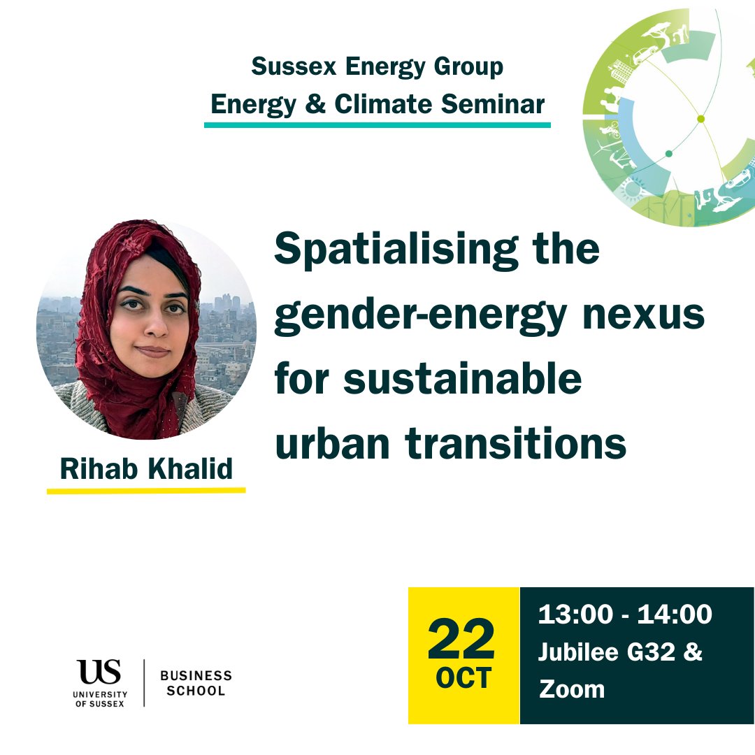 In next week's #energy and #climate seminar, we're talking about gender equity and spacial justice.

<a href="/rihab_khalid/">Dr Rihab Khalid</a> unpacks the multifaceted ways energy use and spacial dynamics are gendered in Pakistan, and what the policy implications are. 

More info: sussex.ac.uk/research/centr…