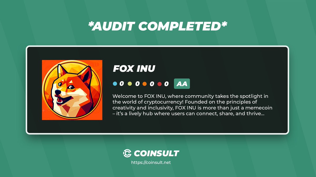 CoinsultAudits's tweet image. 🔒AUDIT COMPLETED FOR FOX INU

🎁GIVEAWAY: $100 (48 hours)

1⃣ Follow @FoxInuCoin &amp;amp; @CoinsultAudits
2⃣ Like + RT this tweet
3⃣ Place a comment 💬

Go check out the full project page of FOX INU 👇
coinsult.net/projects/fox-i…

#giveaway #audit #smartcontract #cryptogiveaway #crypto…